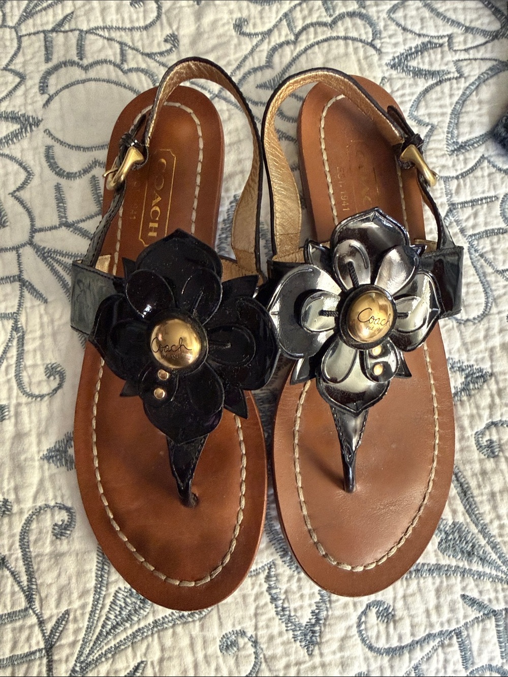 Coach Black and Gold Floral Thong Sandals